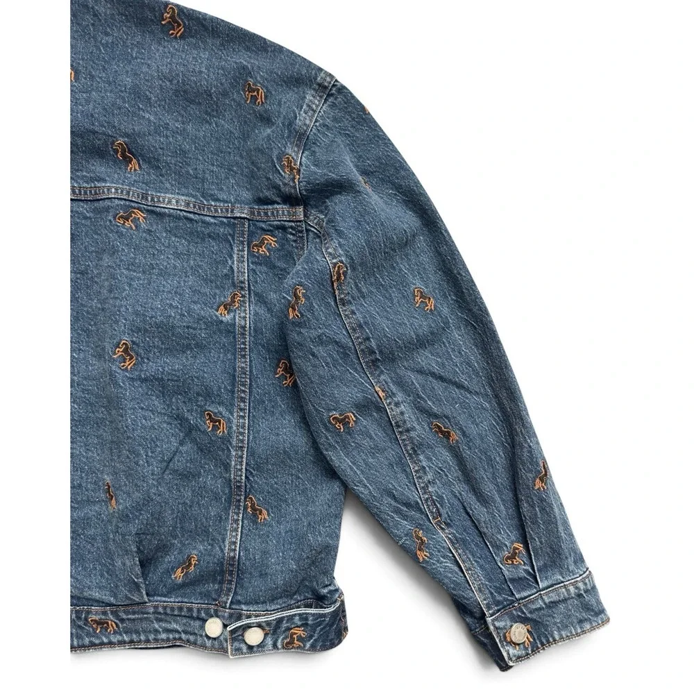 Avec Les Filles Horse Embroidered Denim Trucker Jacket Jean Blue Women's Size L